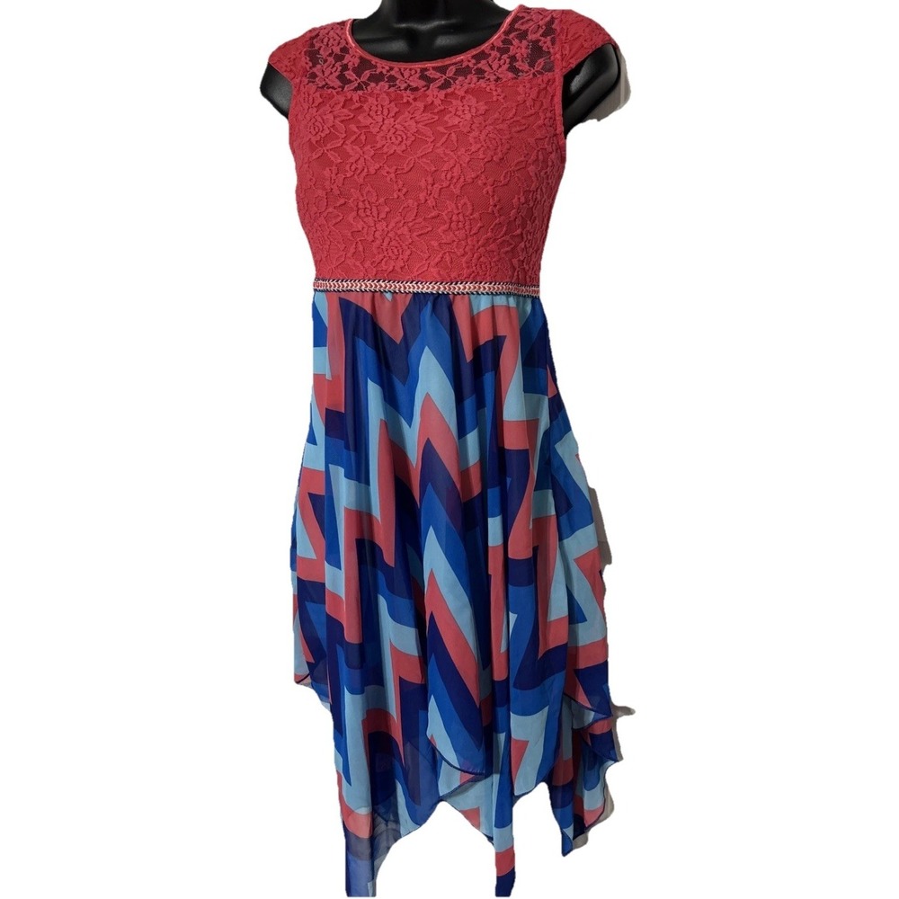 Lilt Girls Chevron‎ Stripes Coral Blue Cap Sleeve Dress Bow Back Size 14 Cute